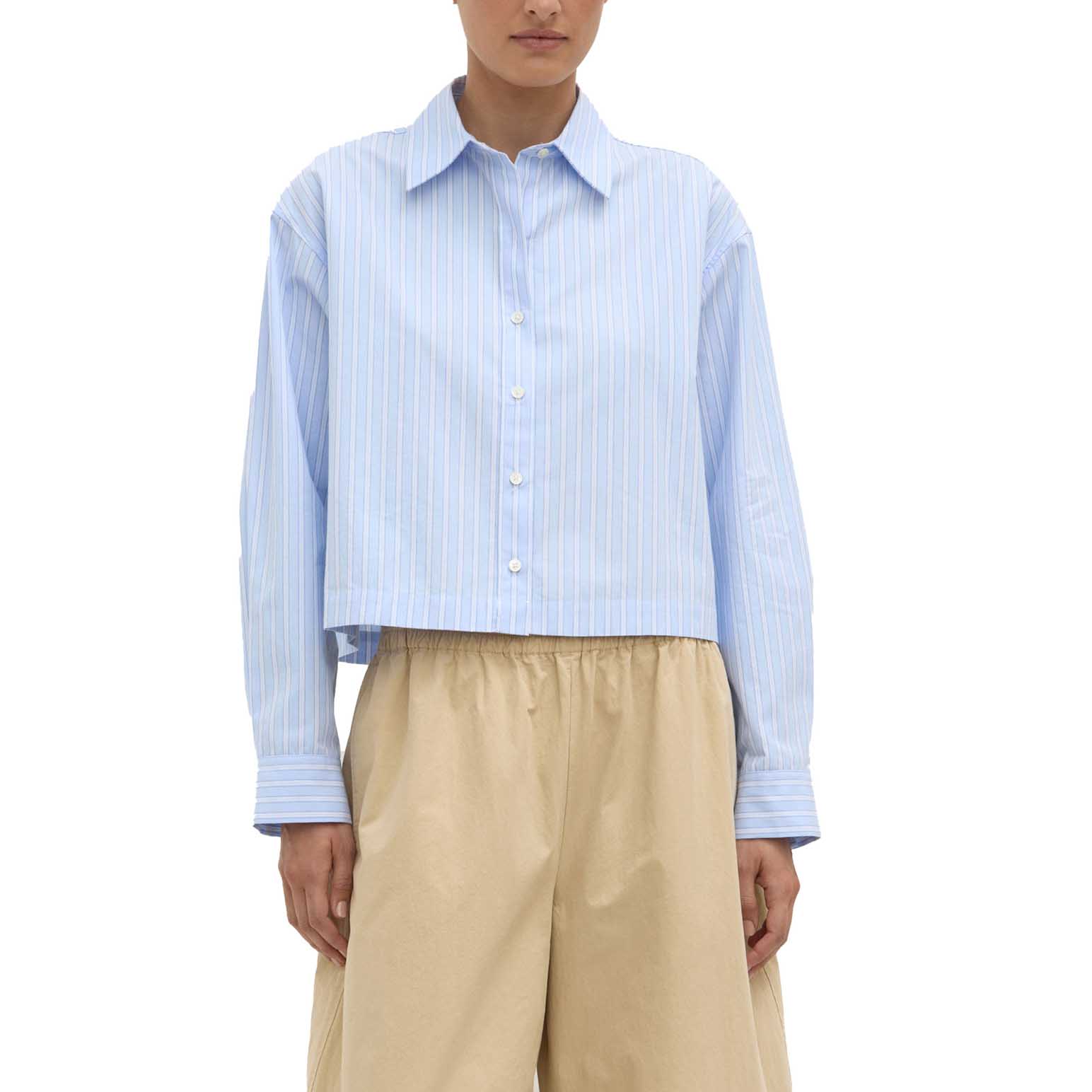Assembly Label Tessa Poplin Cropped Long Sleeve Shirt Blue Stripe